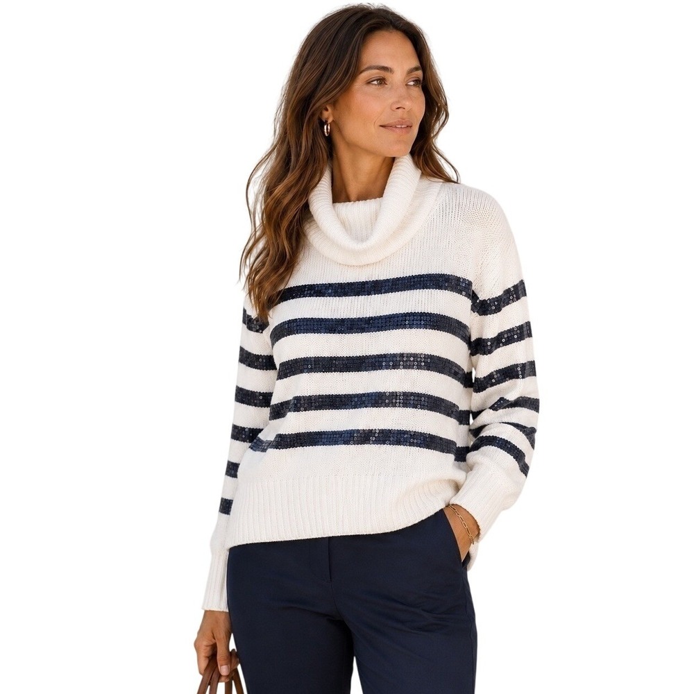 Talbots White Blue Striped Sequin Turtleneck Sweater XL Preppy Holidays